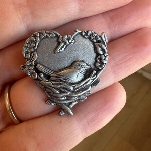 Birds And Blooms Pin Nesting Bird Brooch  Pewter Heart Leaf Motif Avian Gray Pin